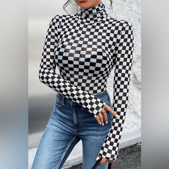 Checkered Turtleneck Long Sleeve Bodysuit 10010048278 - Picture 1 of 5